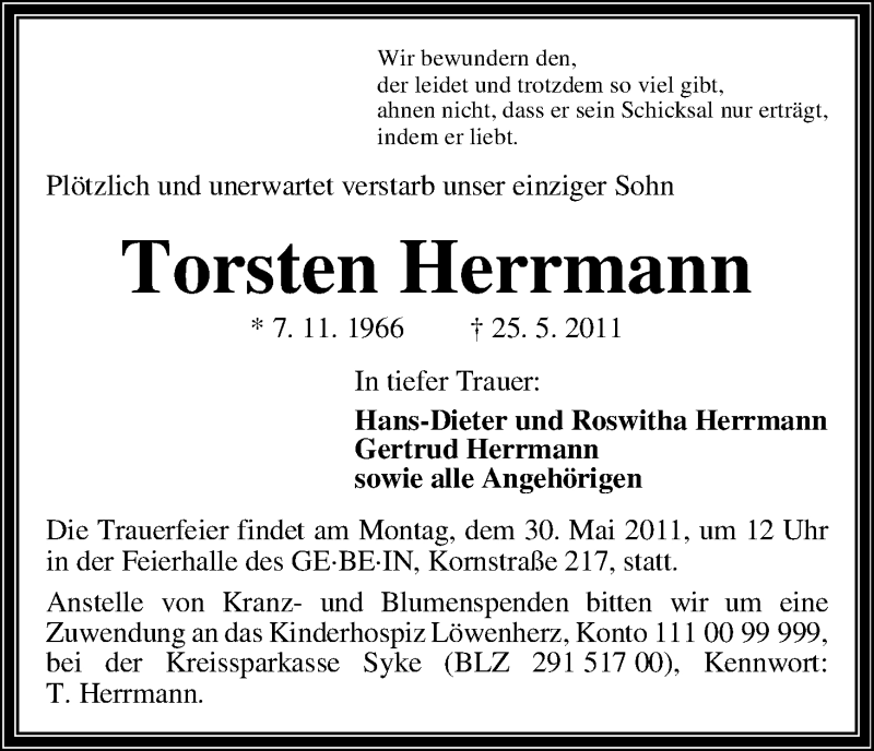  Traueranzeige für Torsten Herrmann vom 28.05.2011 aus Weser-Kurier